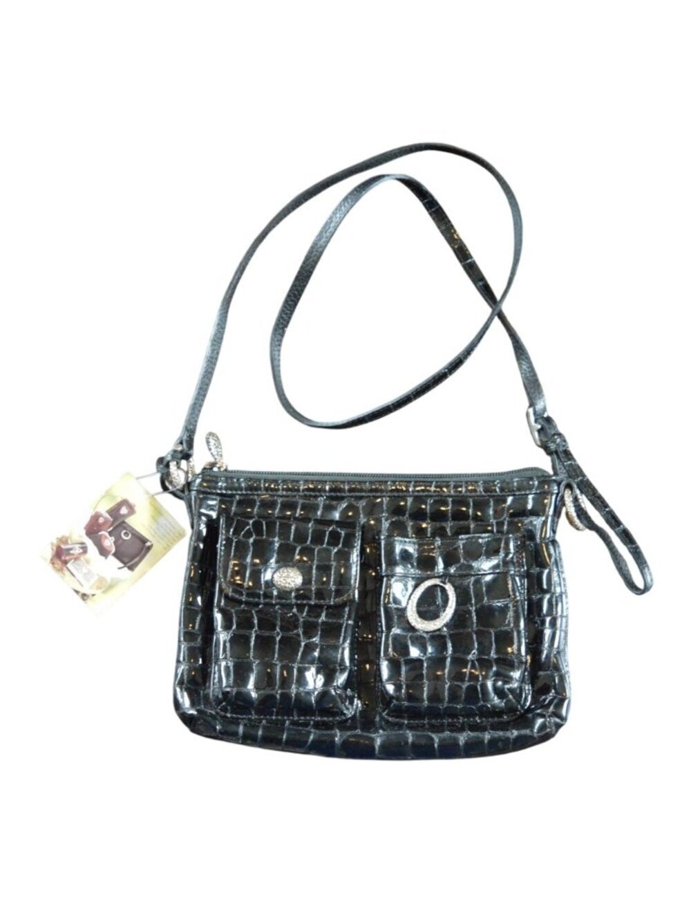 New Brighton Cher Modern Mini Crossbody Black Patent Leather Embossed Crocodile